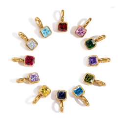 Luxe Square ~Birthstone Charm Pendant~14K Gold Waterproof