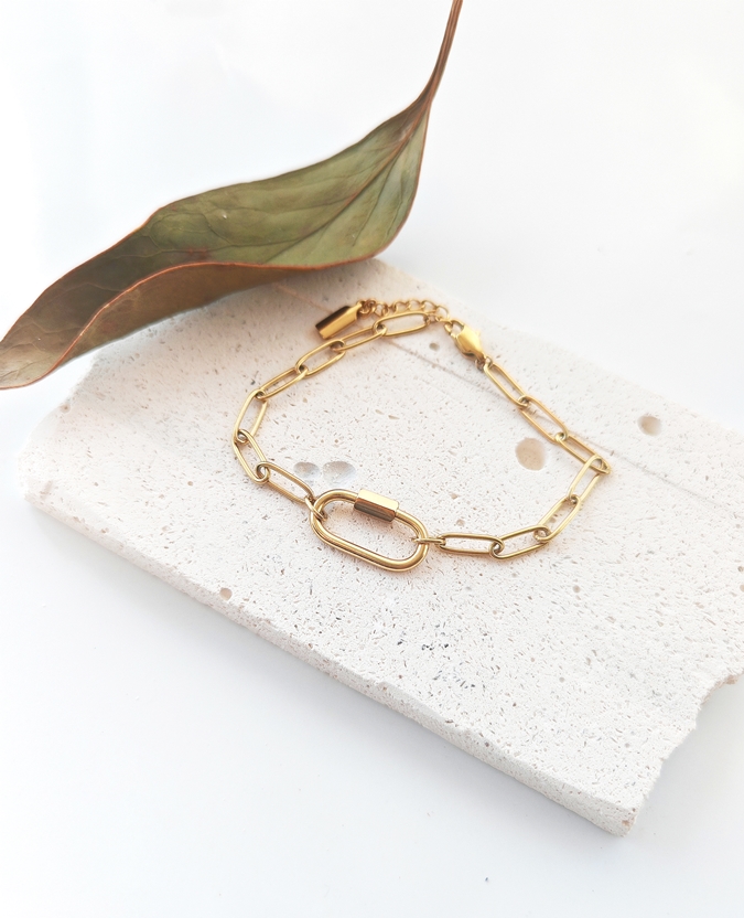 Plain Jane Link Bracelet ~Paperclip Chain & Carabiner Lock ~ 14K Gold Waterproof